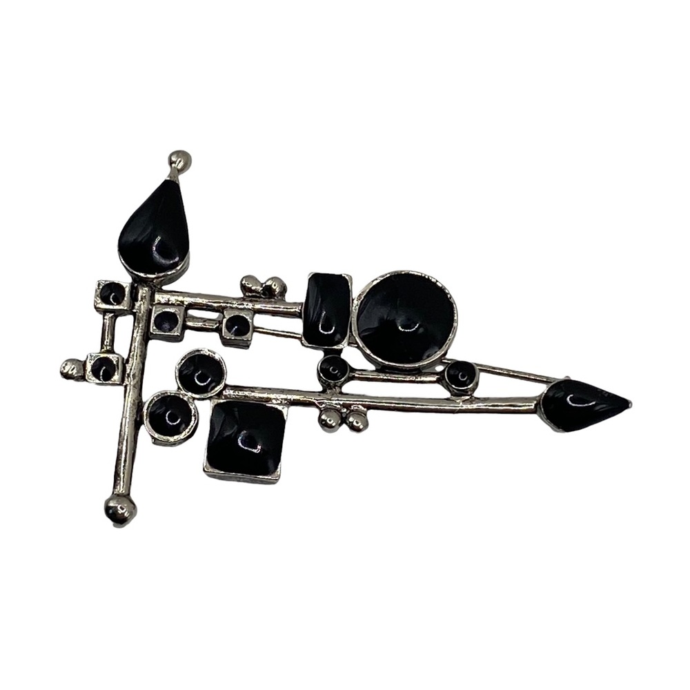 Modernist Silver Tone and Black Abstract Brooch Pin 2 ½ Inches Wide